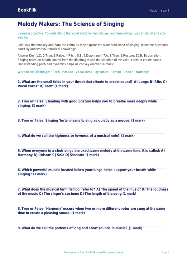 Singing Quiz for Grade 3 | Music Theory & Vocal Techniques worksheet preview — Music Singing