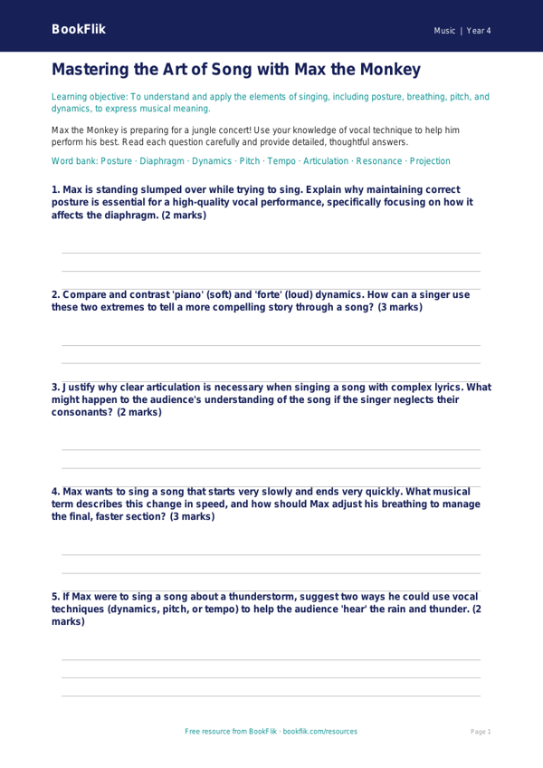Free Singing Worksheet | Grade 3 | Music | BookFlik worksheet preview — Music Singing