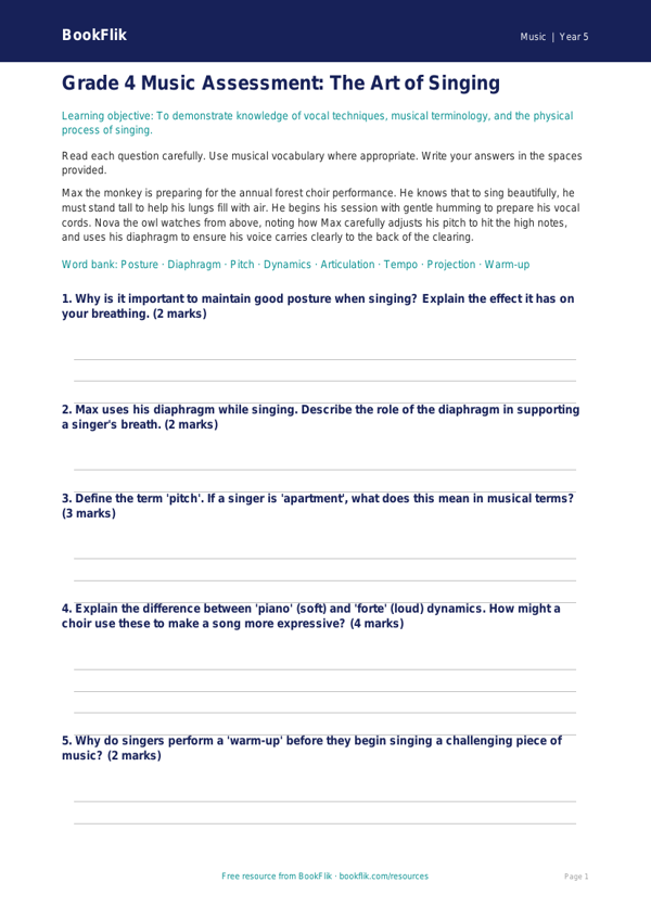 Free Singing Assessment | Grade 4 | Music | BookFlik worksheet preview — Music Singing