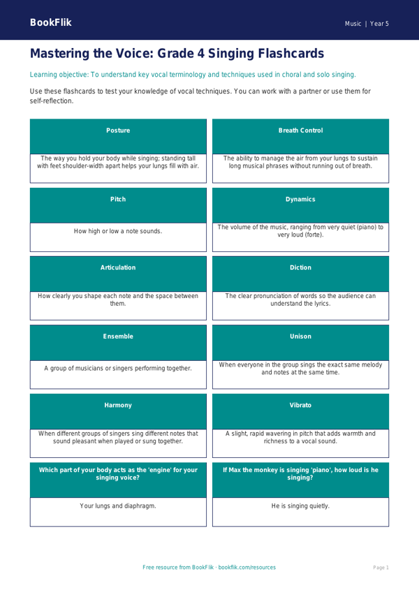 Singing Flashcards Grade 4 Free | Music Theory Resources worksheet preview — Music Singing