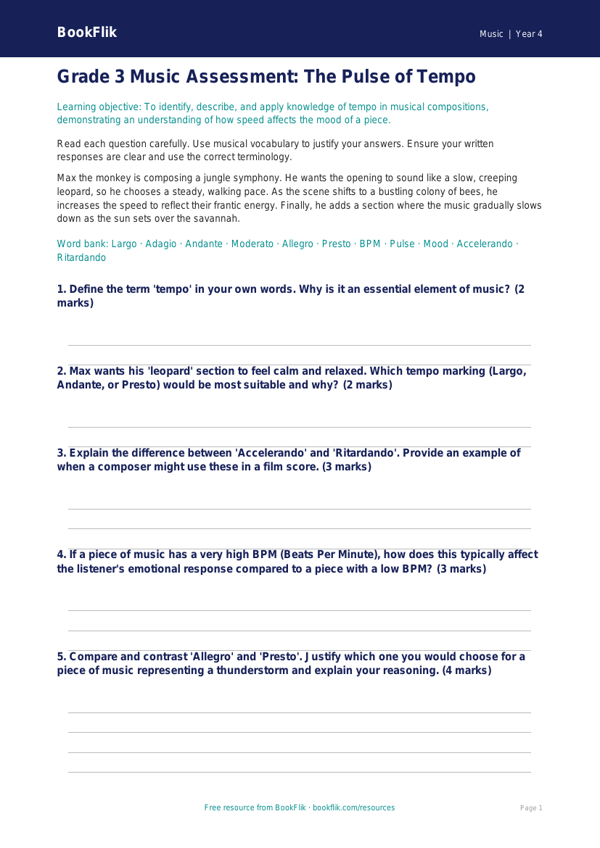 Tempo Assessment Grade 3 Free | Music Theory | BookFlik worksheet preview — Music Tempo