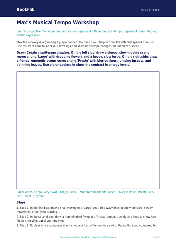 Free Tempo Drawing Sheet | Grade 3 | Music | BookFlik worksheet preview — Music Tempo