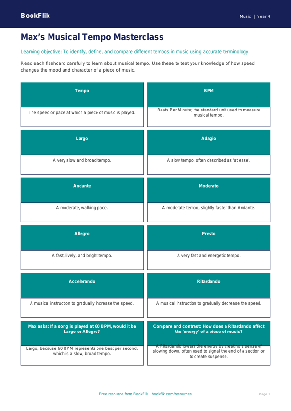 Free Tempo Flashcards | Grade 3 | Music | BookFlik worksheet preview — Music Tempo