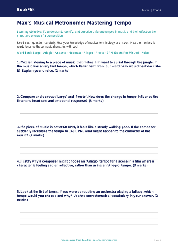 Free Tempo Worksheet | Grade 3 | Music | BookFlik worksheet preview β Music Tempo