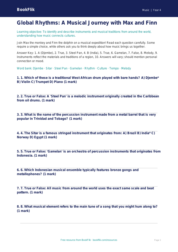 Free World Music Quiz | Grade 3 | Music | BookFlik worksheet preview — Music World Music