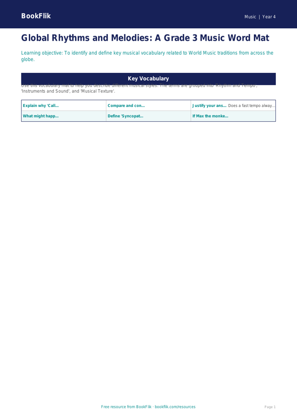 World Music Word Mat for Grade 3 | Music Education | BookFlik worksheet preview — Music World Music