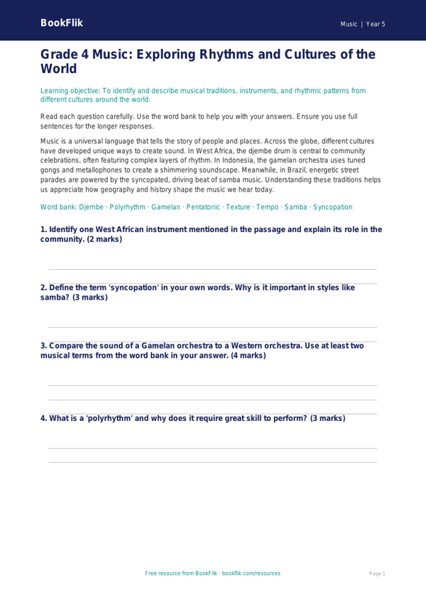 World Music Assessment for Grade 4 | Music Curriculum | BookFlik worksheet preview — Music World Music