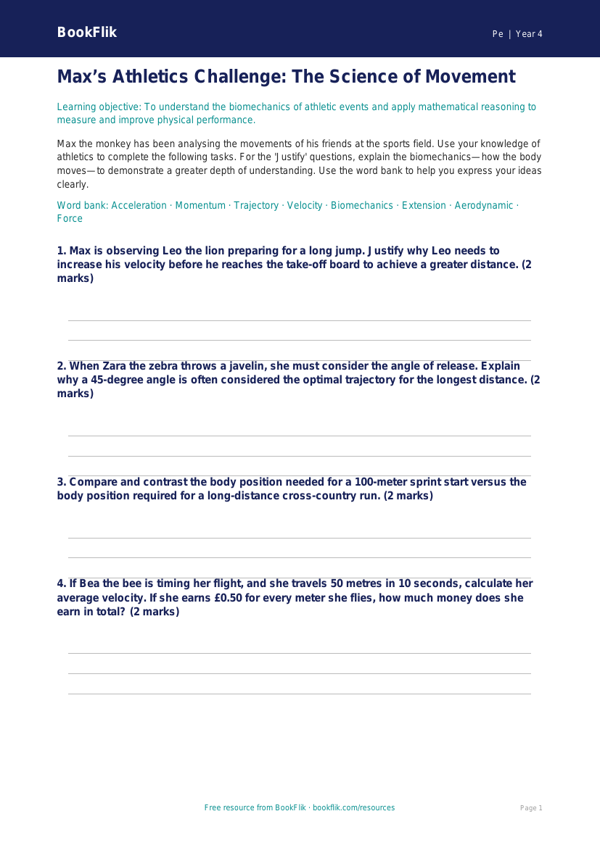Free Athletics Activity Sheet | Grade 3 | Physical Education | BookFlik worksheet preview — Pe Athletics