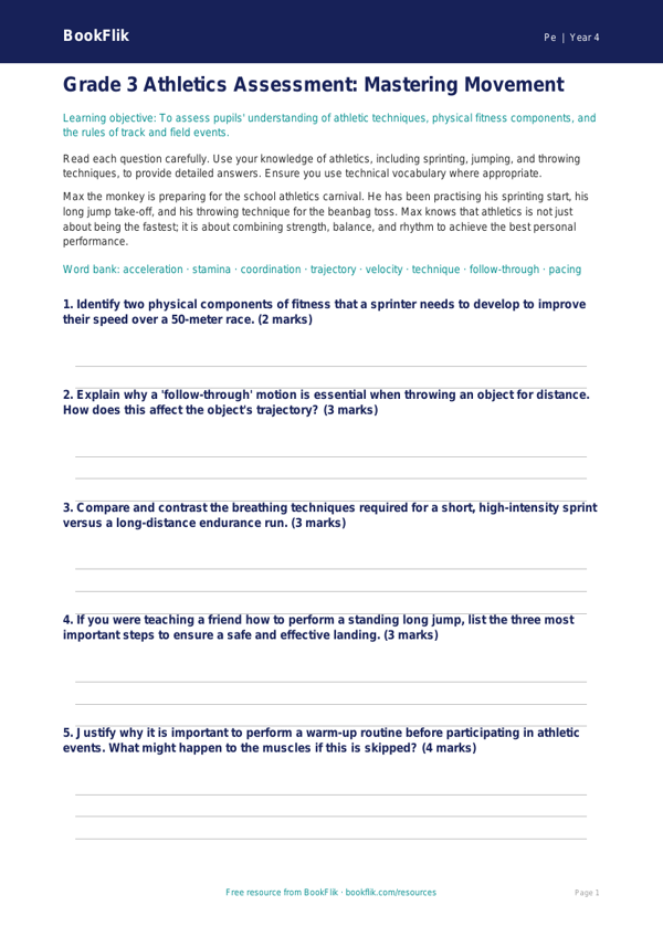 Free Athletics Assessment | Grade 3 | Physical Education | BookFlik worksheet preview — Pe Athletics