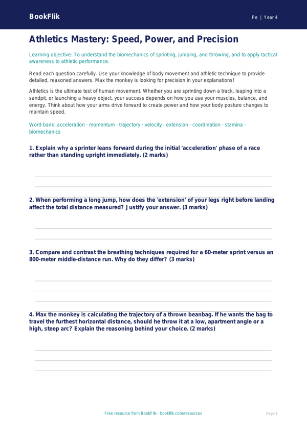 Free Athletics Worksheet | Grade 3 | Physical Education | BookFlik worksheet preview — Pe Athletics
