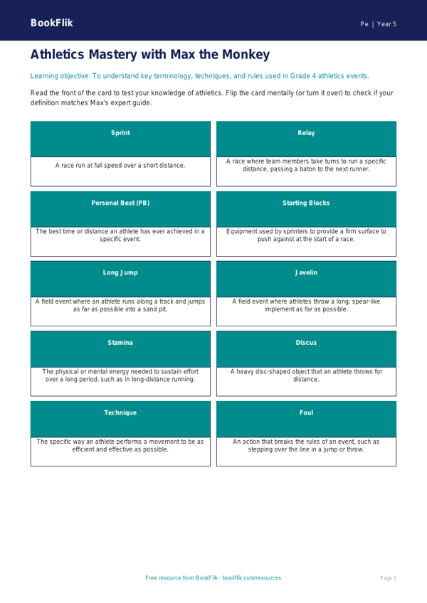 Free Athletics Flashcards | Grade 4 | Physical Education | BookFlik worksheet preview — Pe Athletics