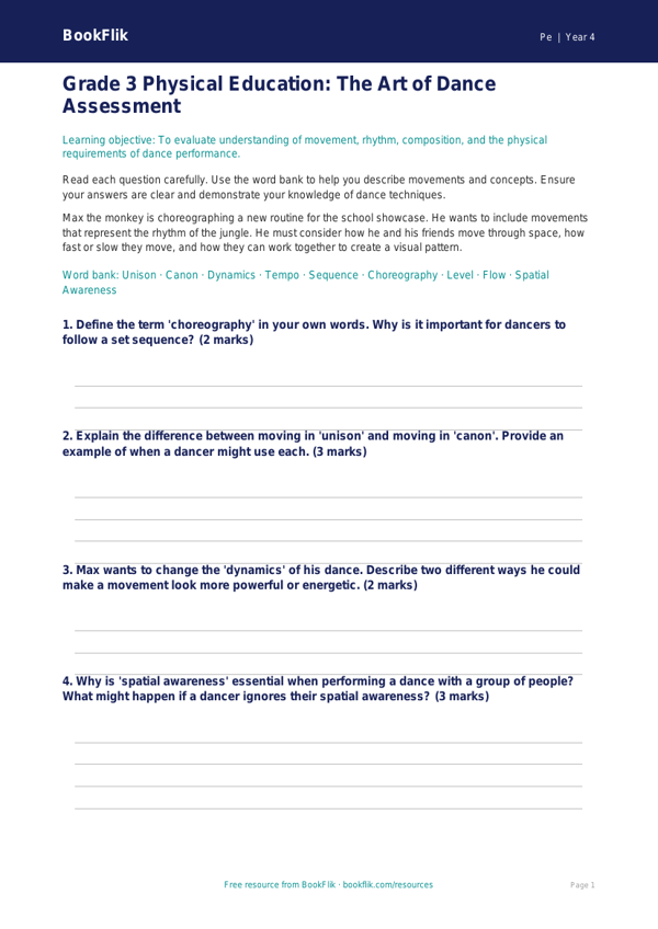 Dance Assessment Grade 3 | Creative Movement & Rhythm | BookFlik worksheet preview — Pe Dance