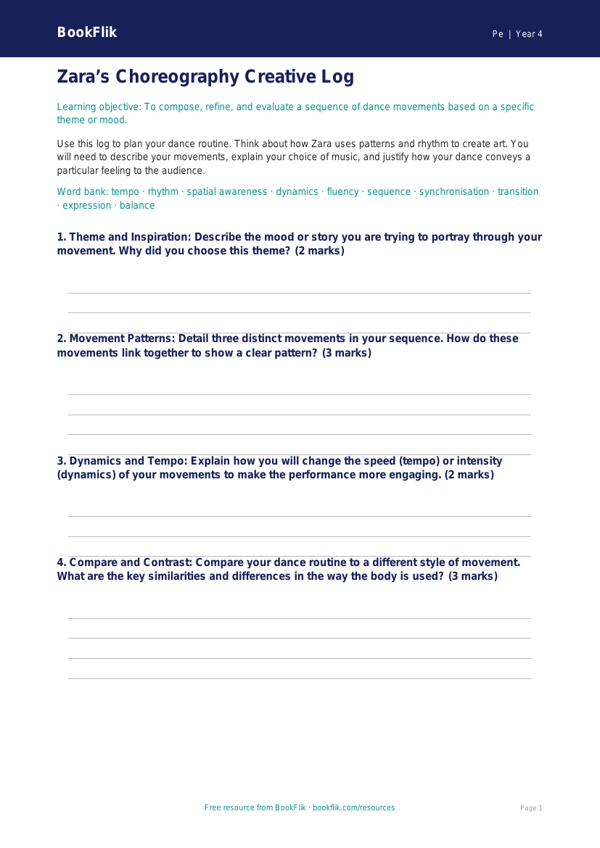 Creative Dance Template for Grade 3 | Physical Education | BookFlik worksheet preview — Pe Dance