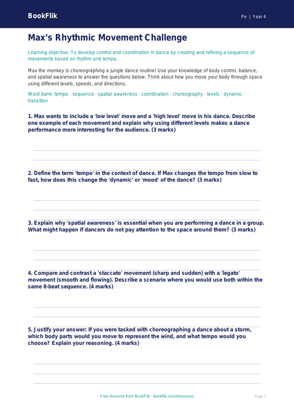 Free Dance Worksheet | Grade 3 | Physical Education | BookFlik worksheet preview — Pe Dance