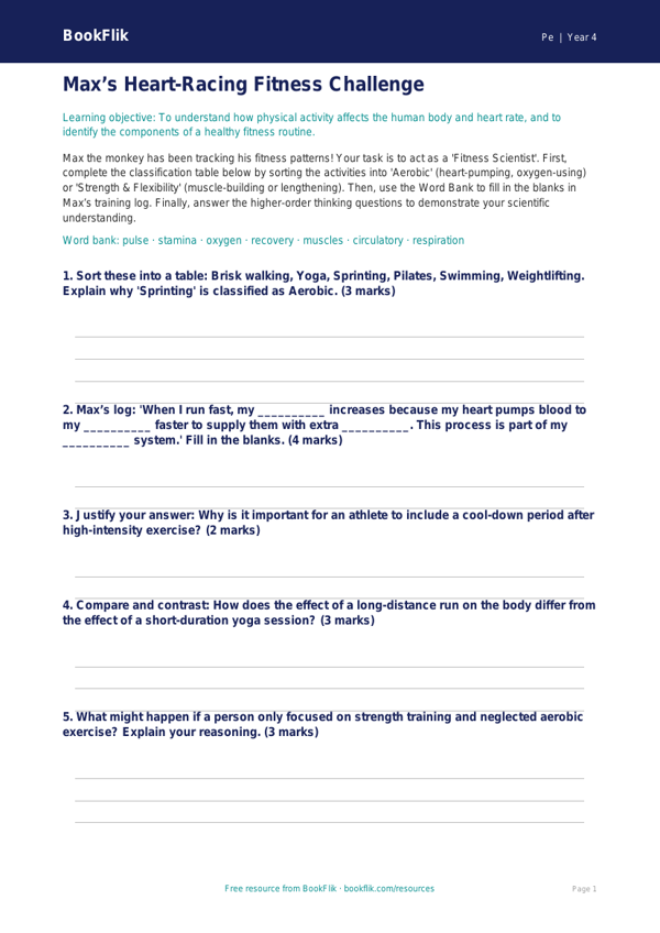 Free Fitness Activity Sheet | Grade 3 | Physical Education | BookFlik worksheet preview — Pe Fitness