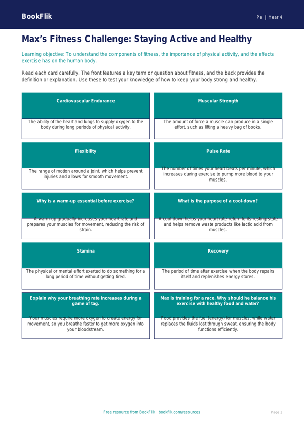 Free Fitness Flashcards | Grade 3 | Physical Education | BookFlik worksheet preview — Pe Fitness