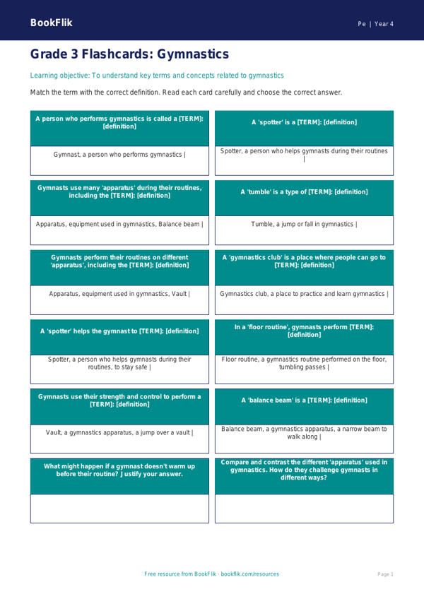 Free Gymnastics Flashcards | Grade 3 | Physical Education | BookFlik worksheet preview — Pe Gymnastics