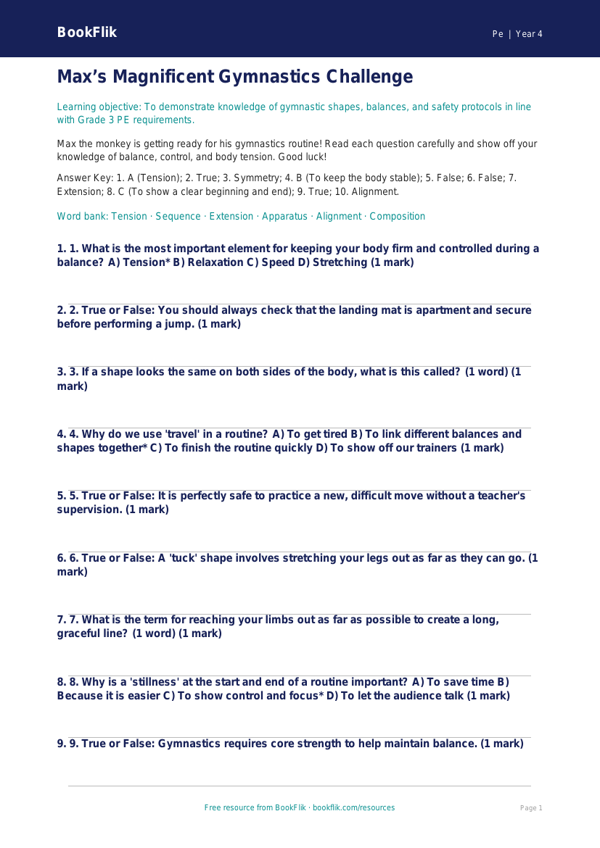 Free Gymnastics Quiz | Grade 3 | Physical Education | BookFlik worksheet preview — Pe Gymnastics