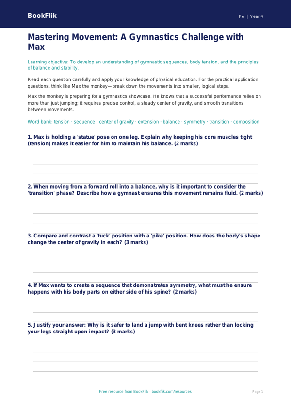 Free Gymnastics Worksheet | Grade 3 | Physical Education | BookFlik worksheet preview — Pe Gymnastics