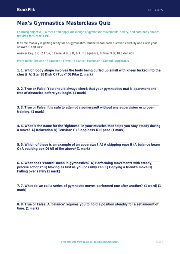 Free Gymnastics Quiz | Grade 4 | Physical Education | BookFlik worksheet preview — Pe Gymnastics
