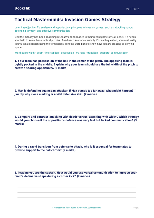 Free Invasion Games Activity Sheet | Grade 3 | Physical Education | BookFlik worksheet preview — Pe Invasion Games