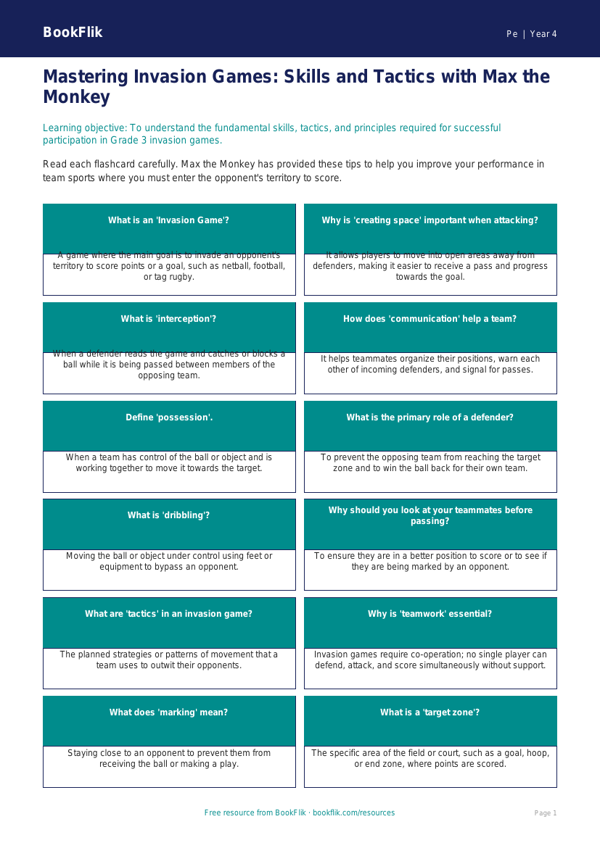 Invasion Games Flashcards for Grade 3 | PE Lesson Plan | BookFlik worksheet preview — Pe Invasion Games