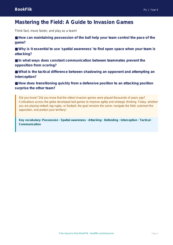 Invasion Games Strategies for Grade 3 | Physical Education Lesson | BookFlik worksheet preview — Pe Invasion Games