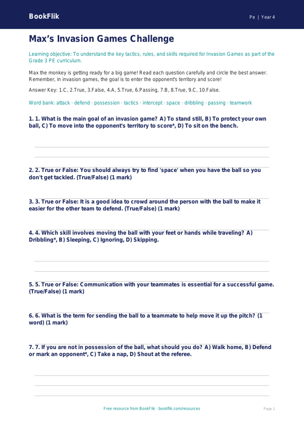 Free Invasion Games Quiz | Grade 3 | Physical Education | BookFlik worksheet preview — Pe Invasion Games