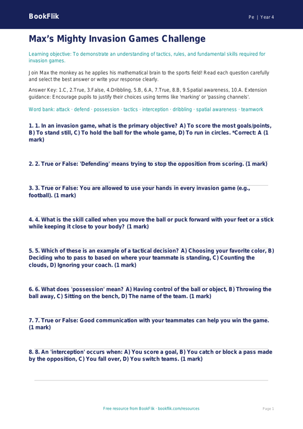 Free Invasion Games Quiz | Grade 3 | Physical Education | BookFlik worksheet preview — Pe Invasion Games
