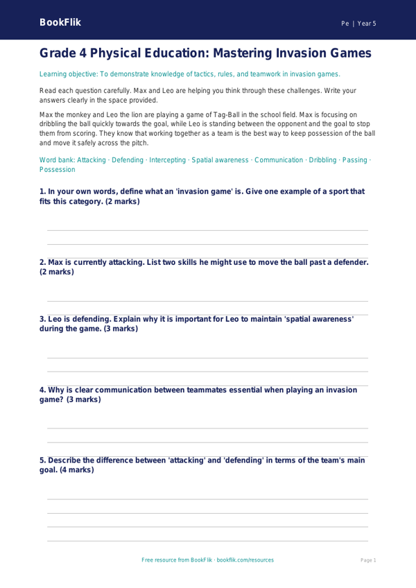 Free Invasion Games Assessment | Grade 4 | Physical Education | BookFlik worksheet preview — Pe Invasion Games