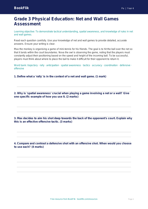 Free Net And Wall Games Assessment | Grade 3 | Physical Education | BookFlik worksheet preview — Pe Net And Wall Games