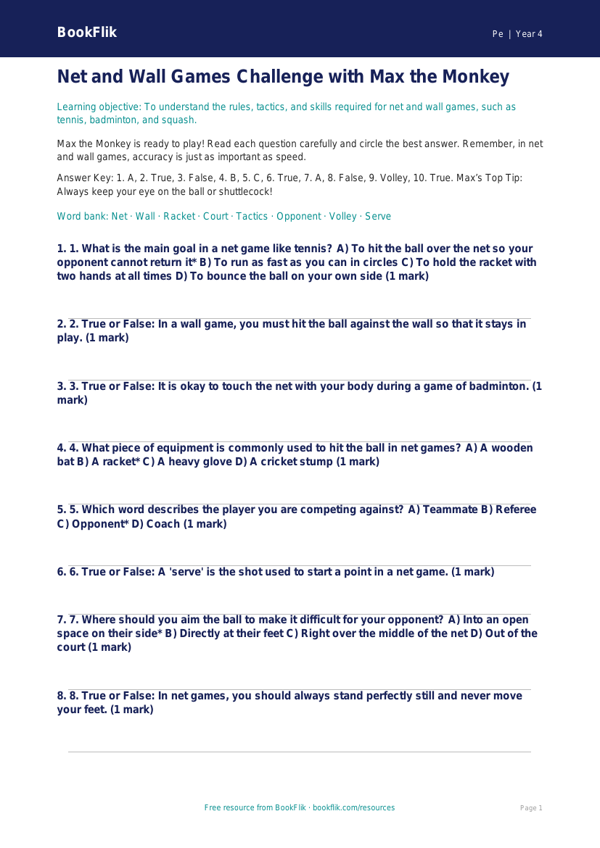 Physical Education net and wall games quiz grade 3 core worksheet preview — Pe Net And Wall Games