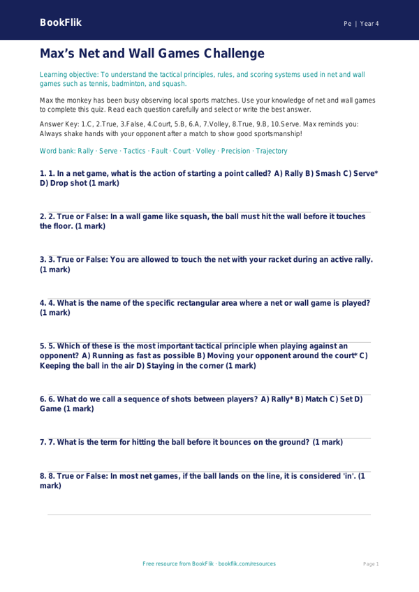 Net and Wall Games Quiz for Grade 3 | Physical Education | BookFlik worksheet preview — Pe Net And Wall Games