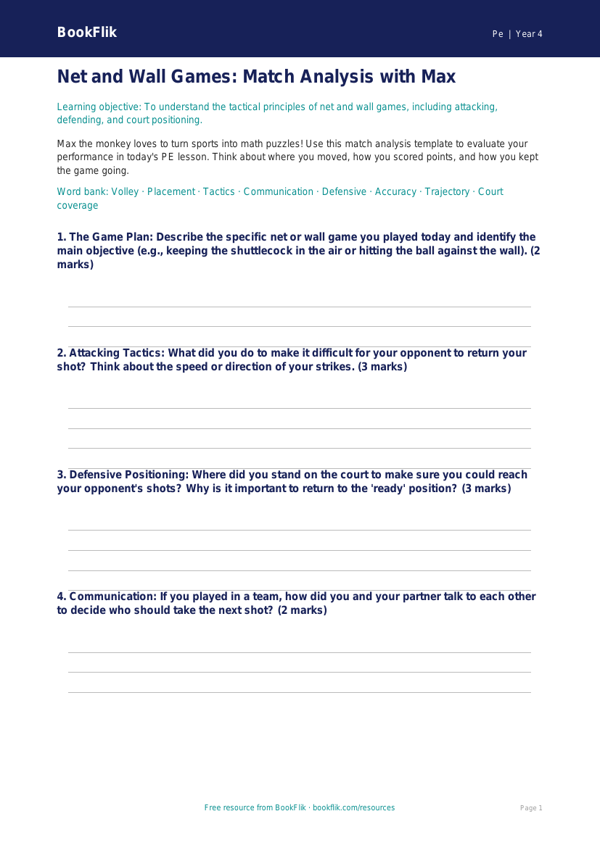 Free Net And Wall Games Template | Grade 3 | Physical Education | BookFlik worksheet preview — Pe Net And Wall Games
