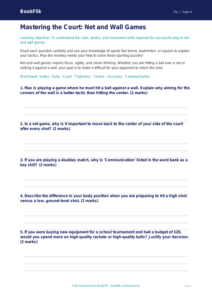 Physical Education net and wall games worksheet grade 3 core