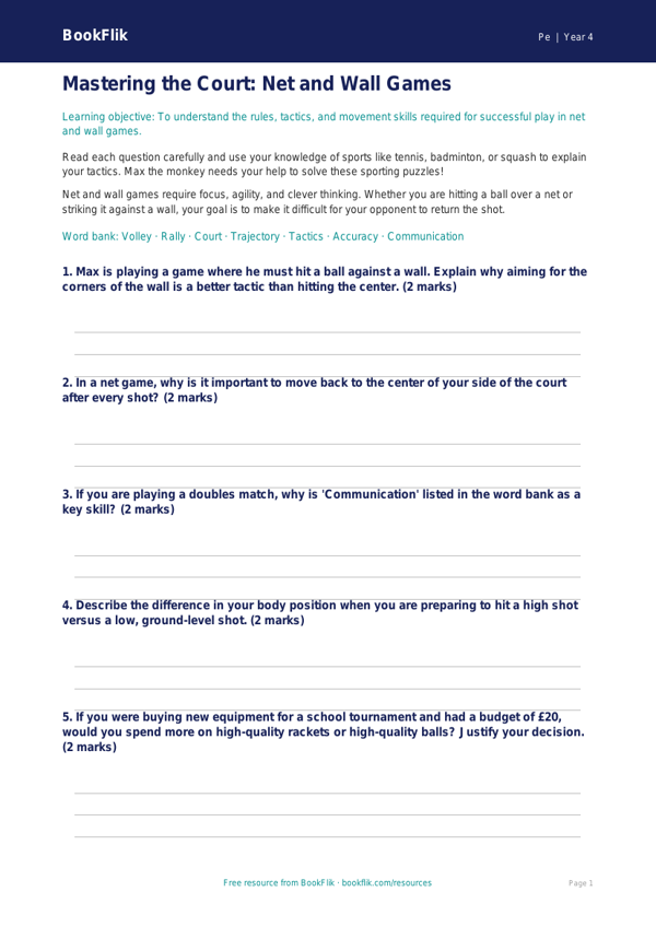 Physical Education net and wall games worksheet grade 3 core worksheet preview — Pe Net And Wall Games