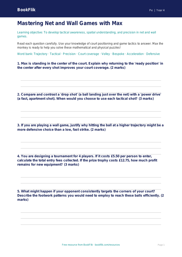 Free Net And Wall Games Worksheet | Grade 3 | Physical Education | BookFlik worksheet preview — Pe Net And Wall Games