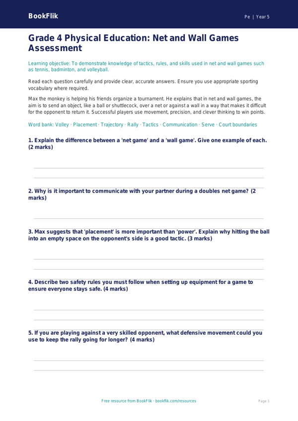 Free Net And Wall Games Assessment | Grade 4 | Physical Education | BookFlik worksheet preview — Pe Net And Wall Games