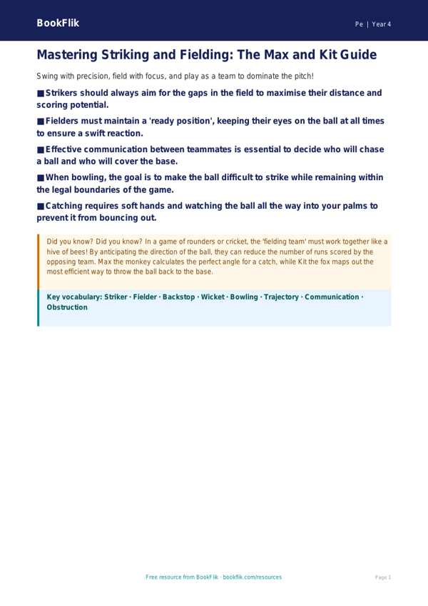 Free Striking And Fielding Poster | Grade 3 | Physical Education | BookFlik worksheet preview — Pe Striking And Fielding