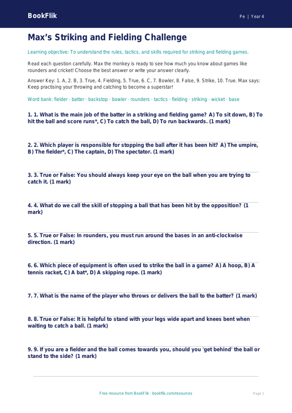 Free Striking and Fielding Quiz | Grade 3 | Physical Education | BookFlik worksheet preview — Pe Striking And Fielding