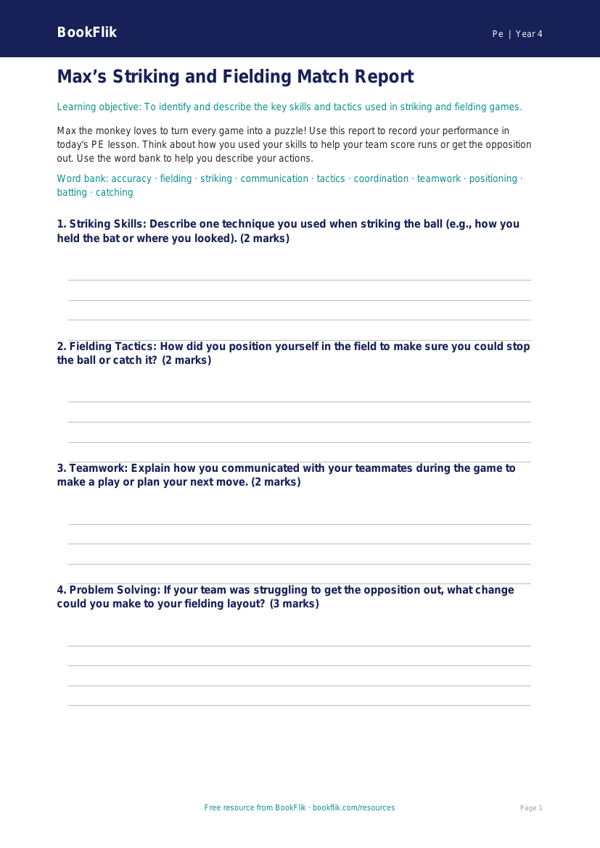 Free Striking And Fielding Template | Grade 3 | Physical Education | BookFlik worksheet preview — Pe Striking And Fielding