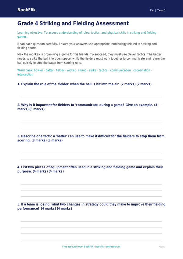 Free Striking And Fielding Assessment | Grade 4 | Physical Education | BookFlik worksheet preview — Pe Striking And Fielding