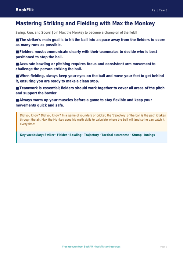 Free Striking And Fielding Poster | Grade 4 | Physical Education | BookFlik worksheet preview — Pe Striking And Fielding