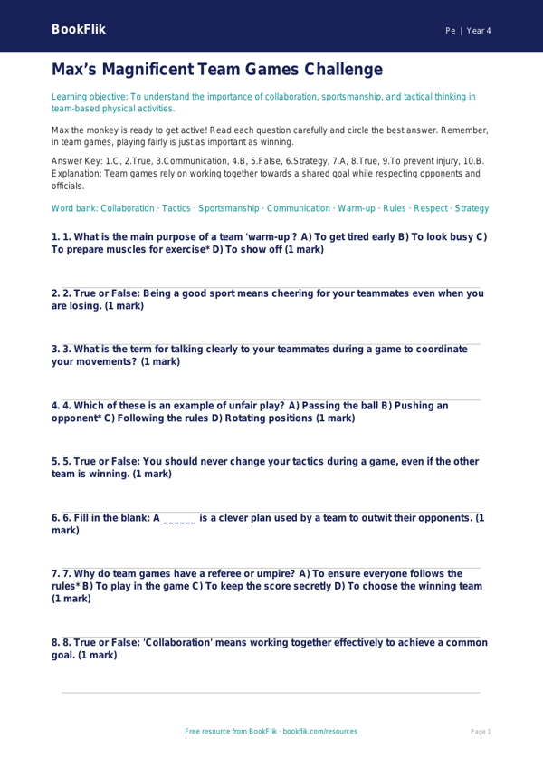 Team Games Quiz for Grade 3 | Physical Education | BookFlik worksheet preview β Pe Team Games