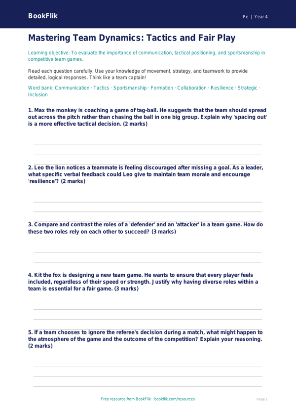 Free Team Games Worksheet | Grade 3 | Physical Education | BookFlik worksheet preview — Pe Team Games