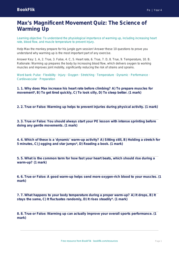 Free Warm Up Quiz | Grade 3 | Physical Education | BookFlik worksheet preview — Pe Warm Up