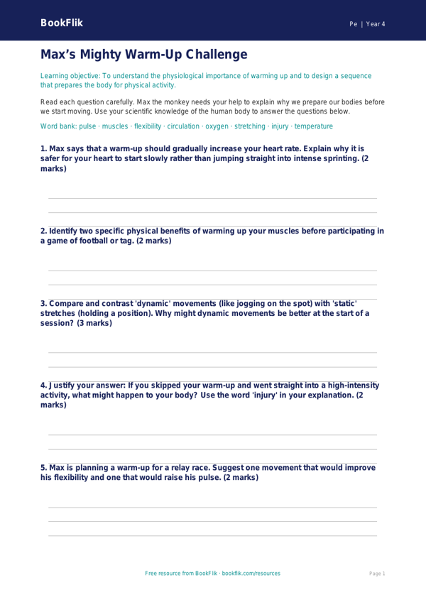 Free Warm Up Worksheet | Grade 3 | Physical Education | BookFlik worksheet preview — Pe Warm Up