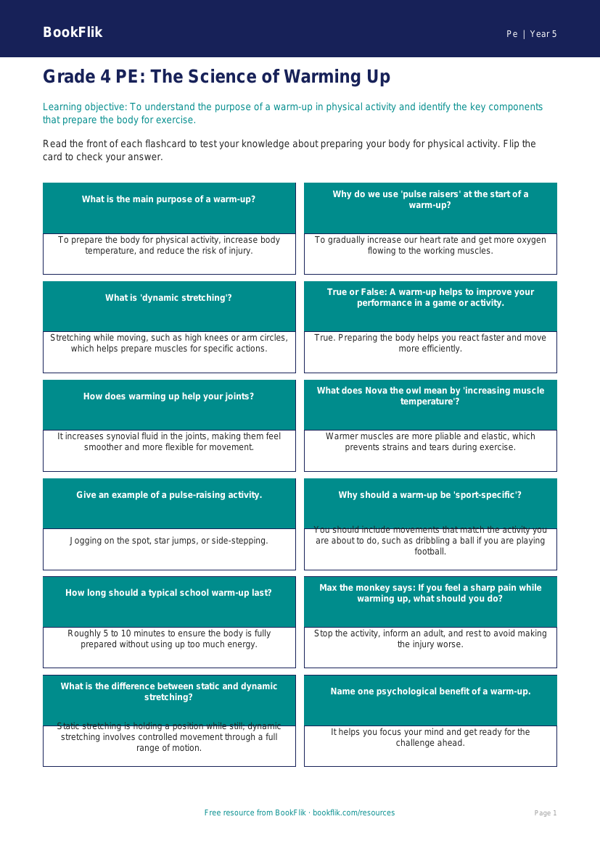 Free Warm Up Flashcards | Grade 4 | Physical Education | BookFlik worksheet preview — Pe Warm Up