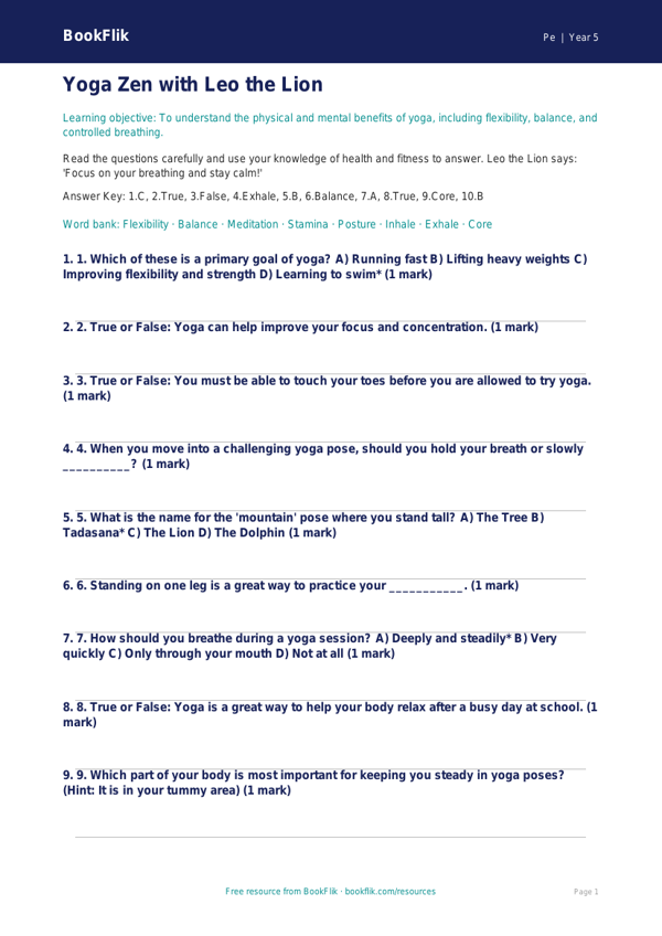 Yoga Quiz for Grade 4 Students | Physical Education | BookFlik worksheet preview — Pe Yoga