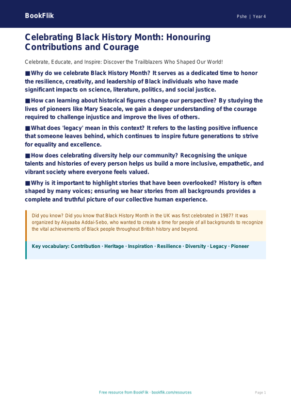 Free Black History Month Poster | Grade 3 | Health & Wellness | BookFlik worksheet preview — Pshe Black History Month